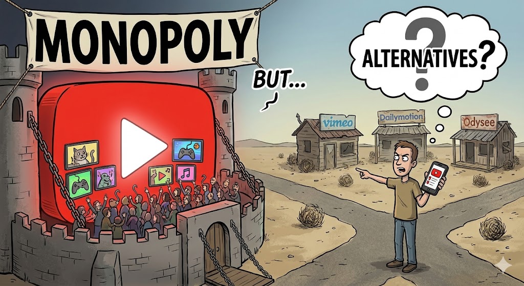 演壇で「YouTubeの独占が嫌いな人？」と聞かれて全員挙手するが、「代替サイトを使っている人？」と聞かれると誰も手を挙げない風刺漫画。