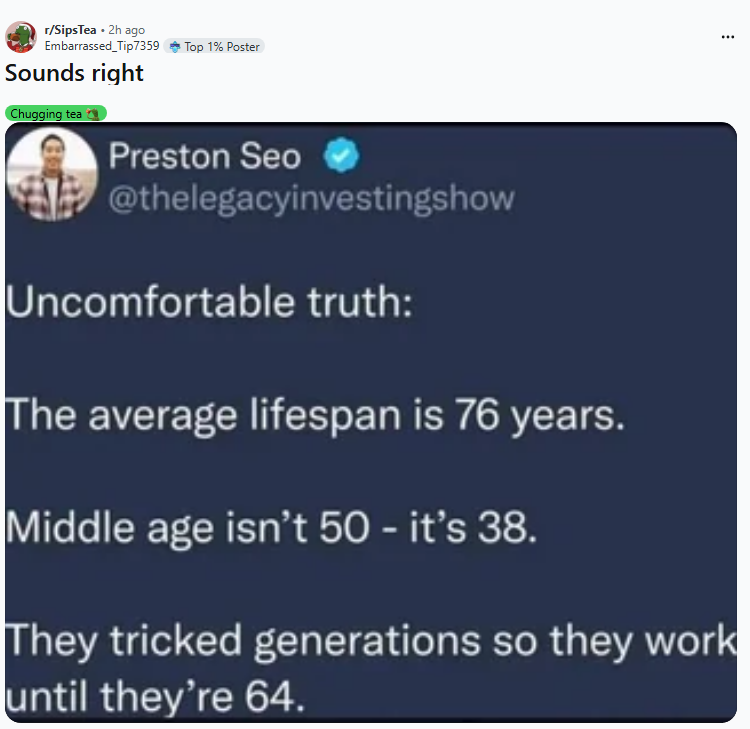 「平均寿命は76歳、中年は38歳」と書かれたPreston Seoのツイート画像