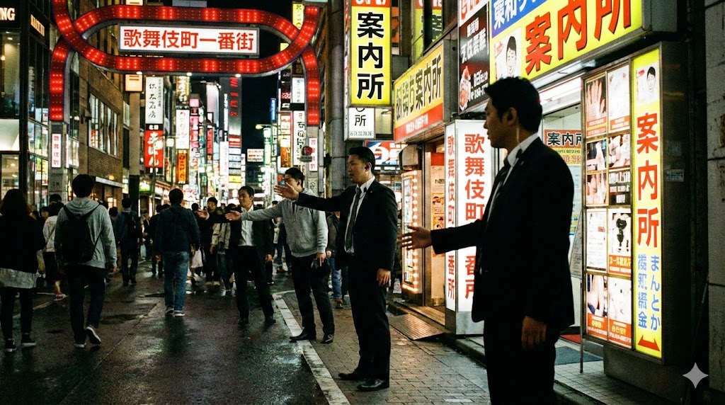 夜の歌舞伎町の街並みと客引きの様子