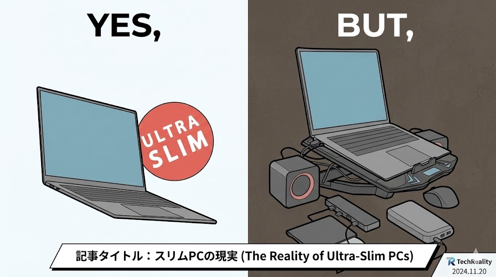左側は「YES」と書かれたスタイリッシュな薄型ノートPC。右側は「BUT」と書かれ、冷却台やハブで配線が複雑になった同じPCの画像。